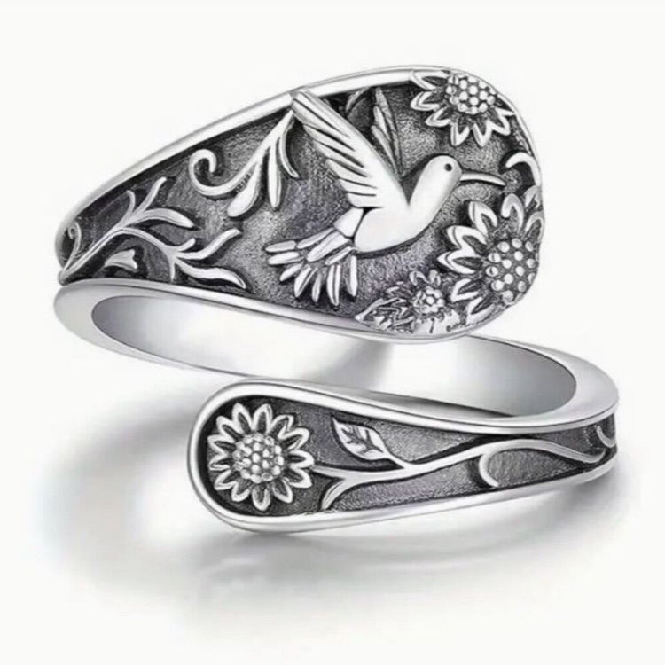 New 925 Sterling Silver Plated Hummingbird Spoon Ring Os Adjustable One Size